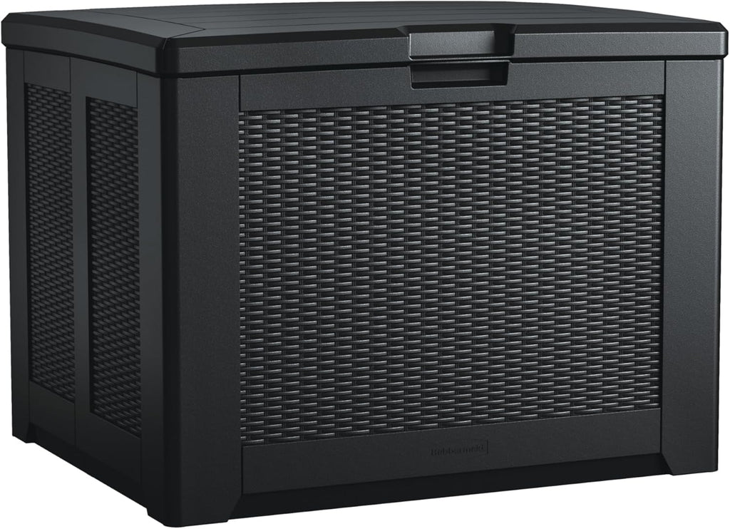 Rubbermaid Medium Resin Outdoor Storage Deck Box (74 Gal), Weather Resistant, Black, Deck Organization for Home/Backyard/Pool Chemicals/Toys/Garden Tools/Porch/Patio Cushions