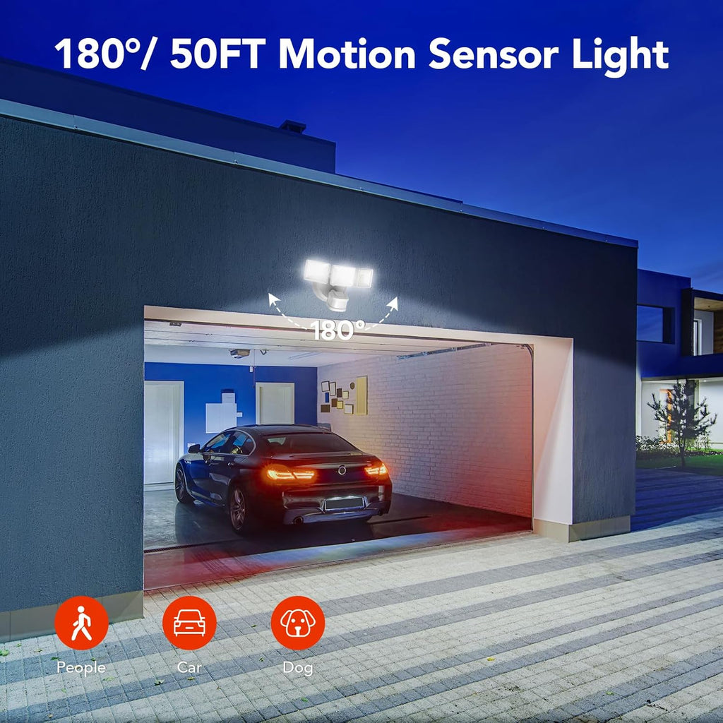 OREiN 2 Pack Motion Sensor Outdoor Lights, 4500LM/30W and 180°/50FT Big Motion Sensor, Dusk to Dawn Flood Lights Outdoor IP65 Waterproof 3 Modes LED Security Light for Garage, Yard, White (Hardwired)