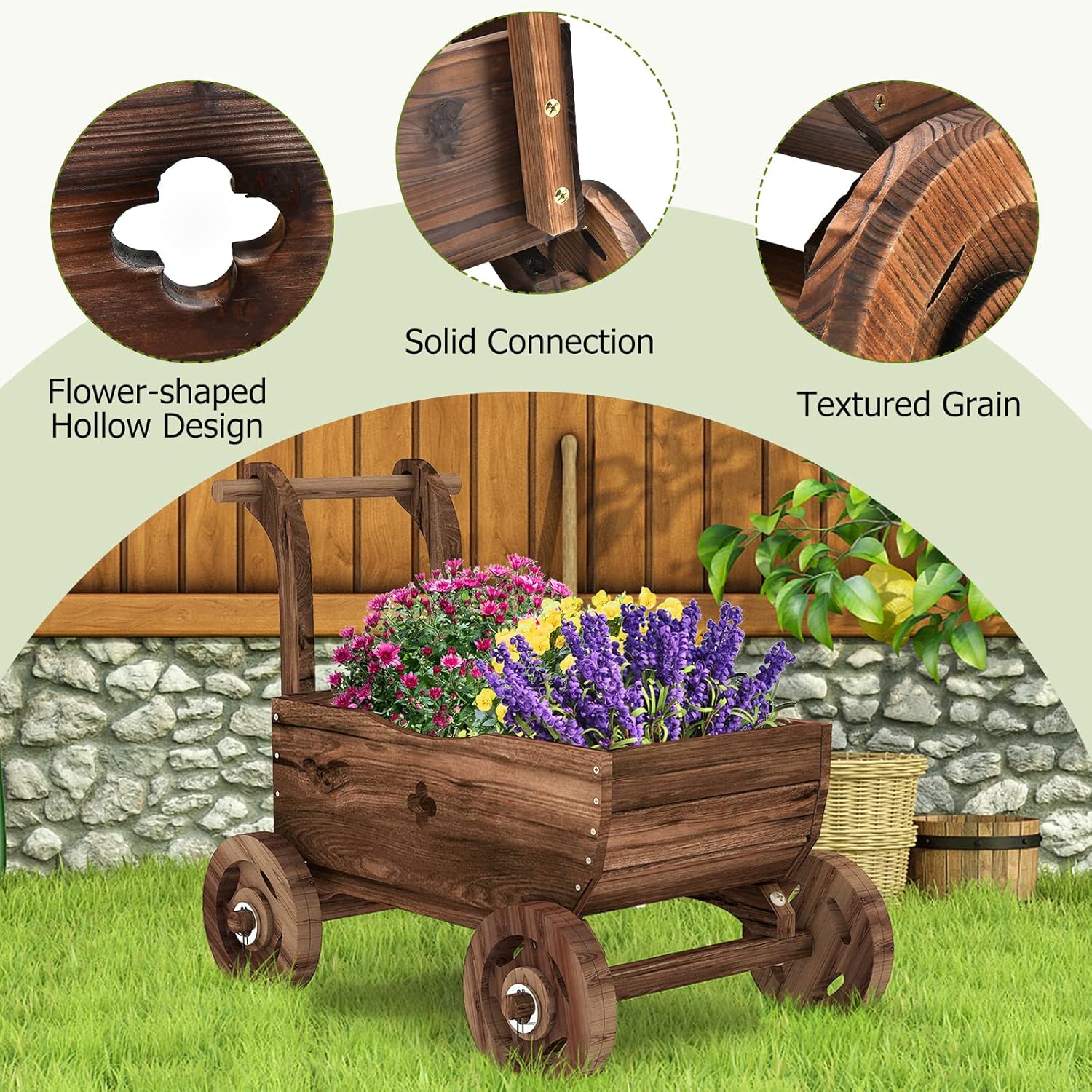 Tangkula Wooden Wagon Planter Box, Decorative Garden Planter w/Wheels, Handle, Drain Hole, Rustic Wooden Flower Cart for Indoor & Outdoor Decor for Patio, Garden, Balcony (27" L x 15" W x 21" H)