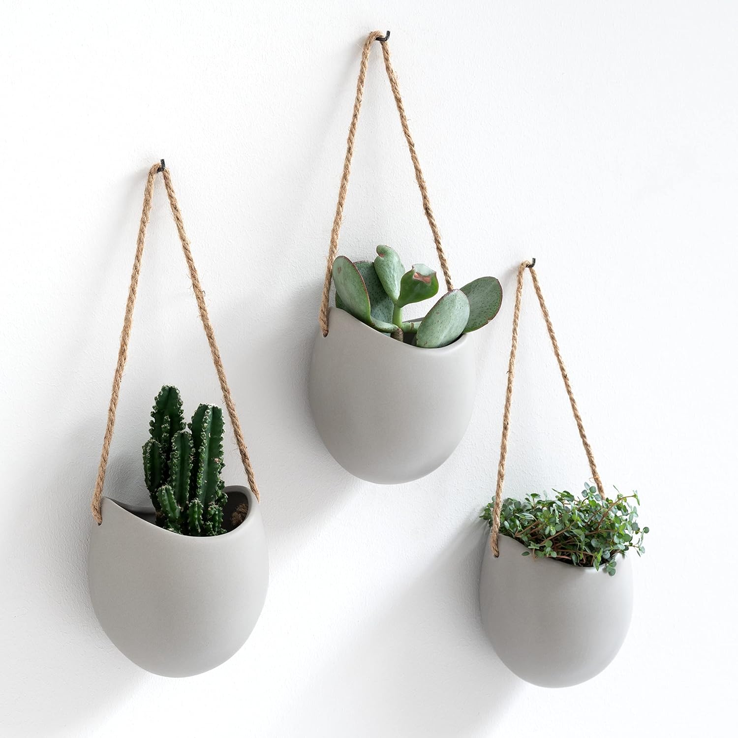 Kazai. Wall Planters -Ellie- | Hanging Ceramic Plant Pots 3 Pieces | Wall Decoration for Indoors, Balcony and Garden | Light Grey (Matte)