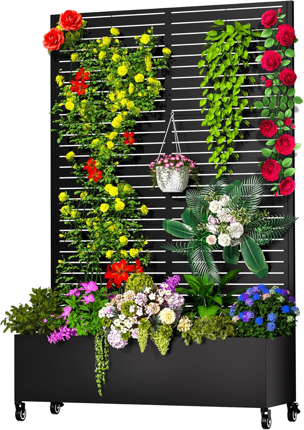 Metal Planter Box with Trellis Outdoor, 72.1"x47.2"x16" Galvanized Raised Garden Bed with Privacy Screen & Drainage Holes & Lockable Casters for Climbing Plants, Vegetable (Louvered-Black)
