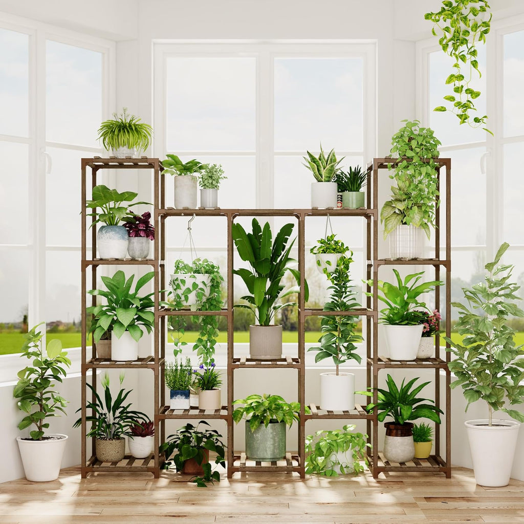 Bamworld Large Hanging Plant Stand Indoor Tall Plant Shelf Outdoor 14 Pots Large Plant Rack for Living Room Patio, Balcony and Garden