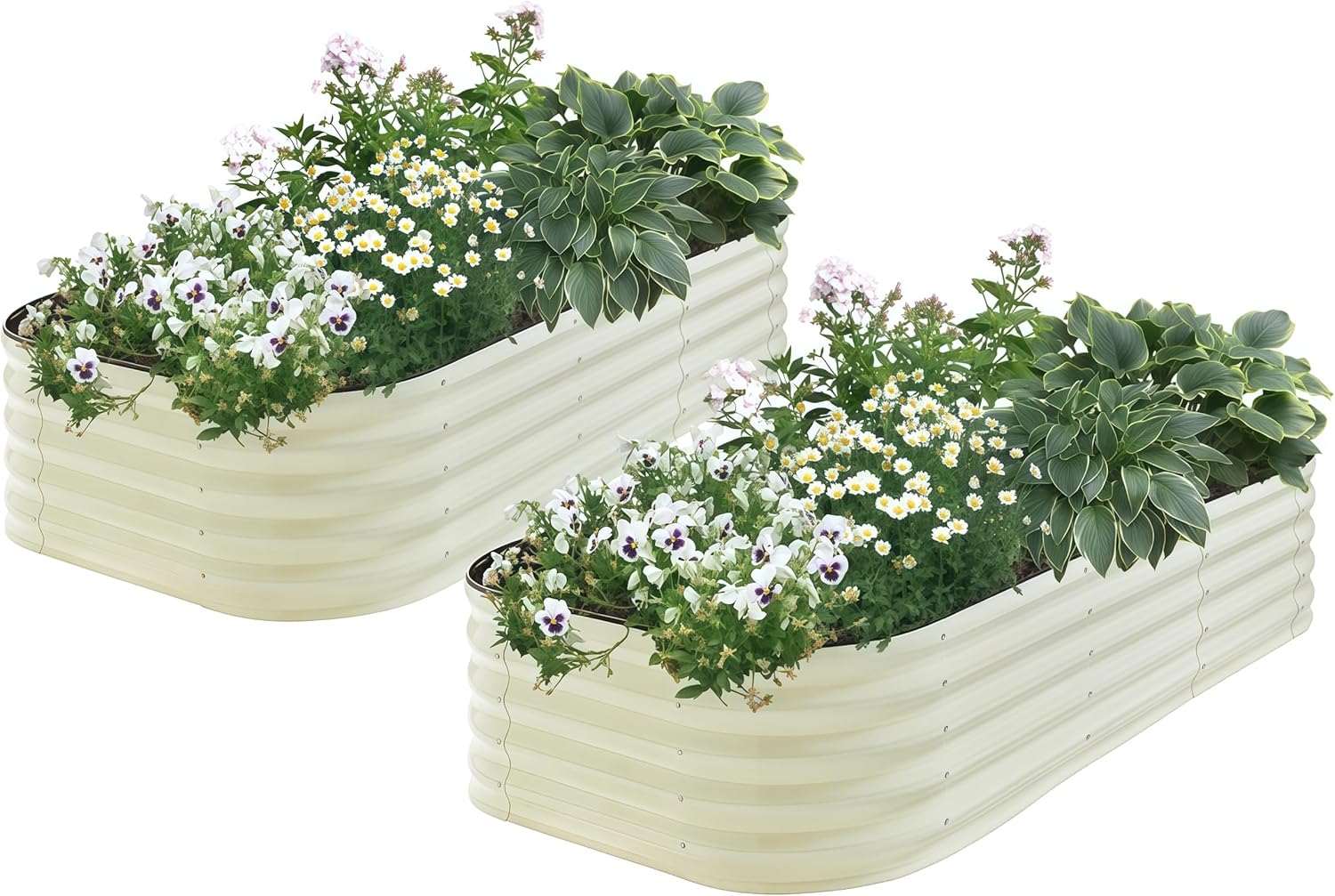 2Pcs 17" Tall Raised Galvanized Steel Garden Bed 8×2 ft Modular Planter for Gardening, Vegetables, Flowers Tall Oval Galvanized Metal 9-in-1 Raised Garden Beds Outdoor (Ivory White)