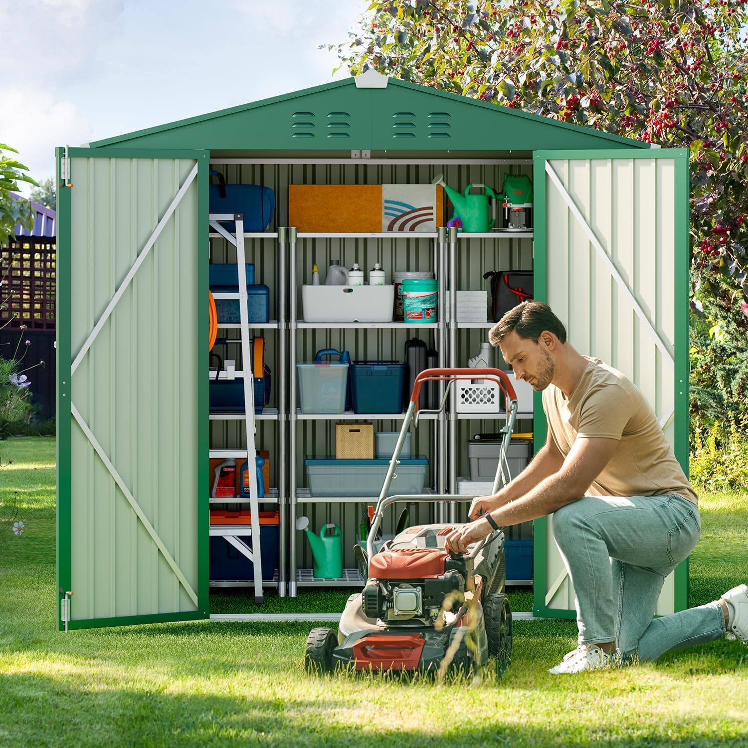 Gizoon Outdoor Storage Shed 6 x 4 FT, Galvanized Metal Garden Shed with Double Lockable Doors, Outdoor Storage Clearance for Backyard Patio Lawn-Green