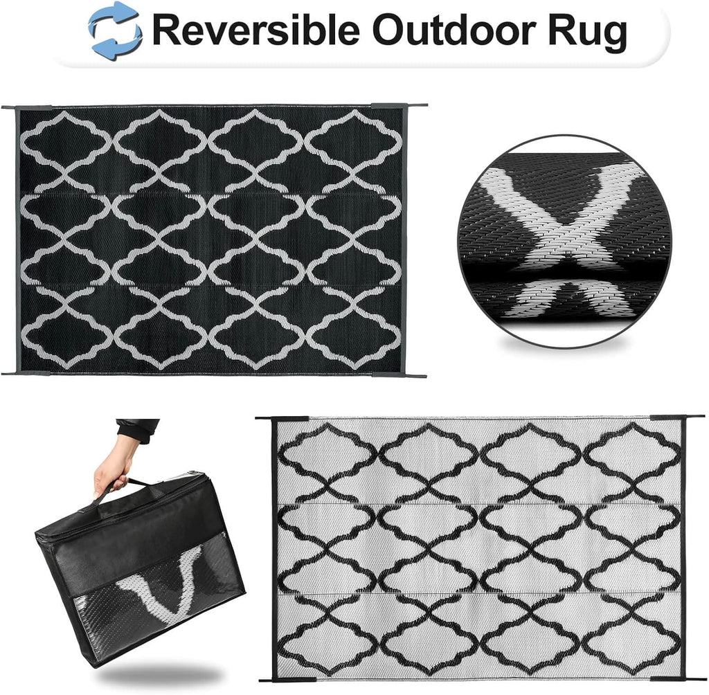 OutdoorLines Outdoor Plastic Area Rugs for Patio 4x6 ft - Reversible Outside Carpet, Stain & UV Resistant RV Mats, Straw Rug for Camping, Deck Garden, Porch and Balcony, Moroccan Black & Light Grey