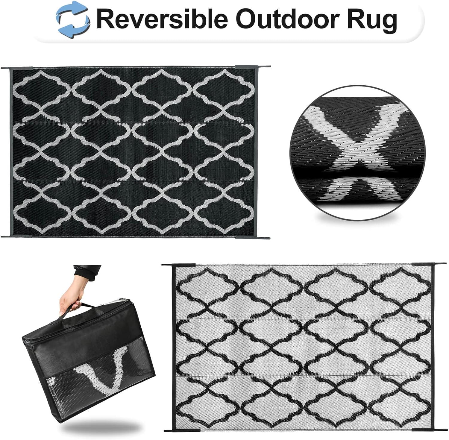OutdoorLines Outdoor Plastic Area Rugs for Patio 4x6 ft - Reversible Outside Carpet, Stain & UV Resistant RV Mats, Straw Rug for Camping, Deck Garden, Porch and Balcony, Moroccan Black & Light Grey