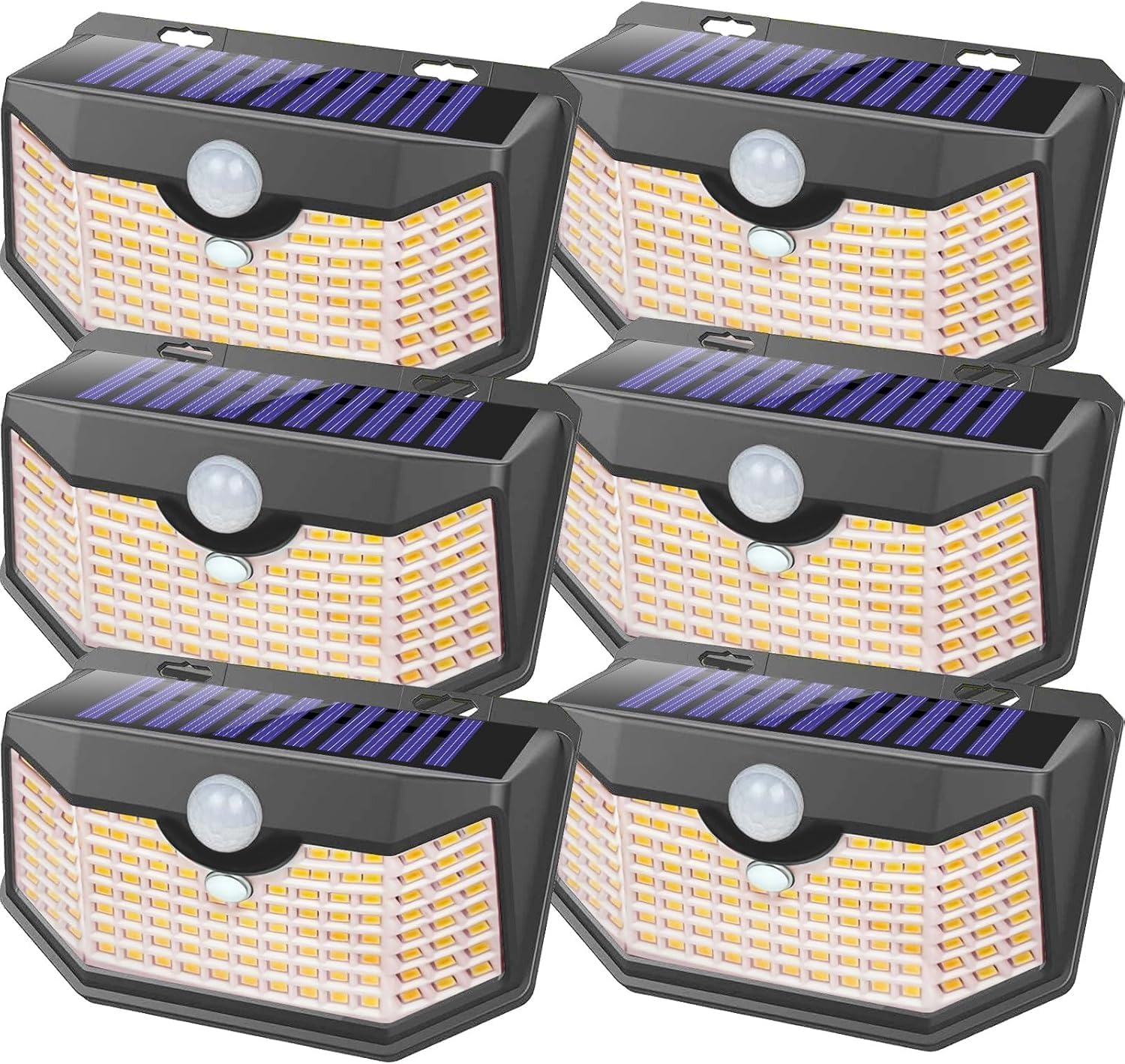 HMCITY 120 LED Outdoor Solar Lights- with Motion Sensor and 3 Lighting Modes, IP65 Waterproof Wide Solar Wall Lights Ideal for Garden Patio Yard (Front Button 6Packs, Warm White)