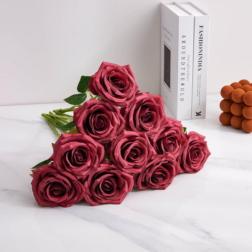 Artificial Rose 10pcs Open Flower Bouquet Faux Rose Stems for Wedding Arrangement, Bridal Bouquet, Centerpiece, Fake Faux Silk Flowers (Wine Red)