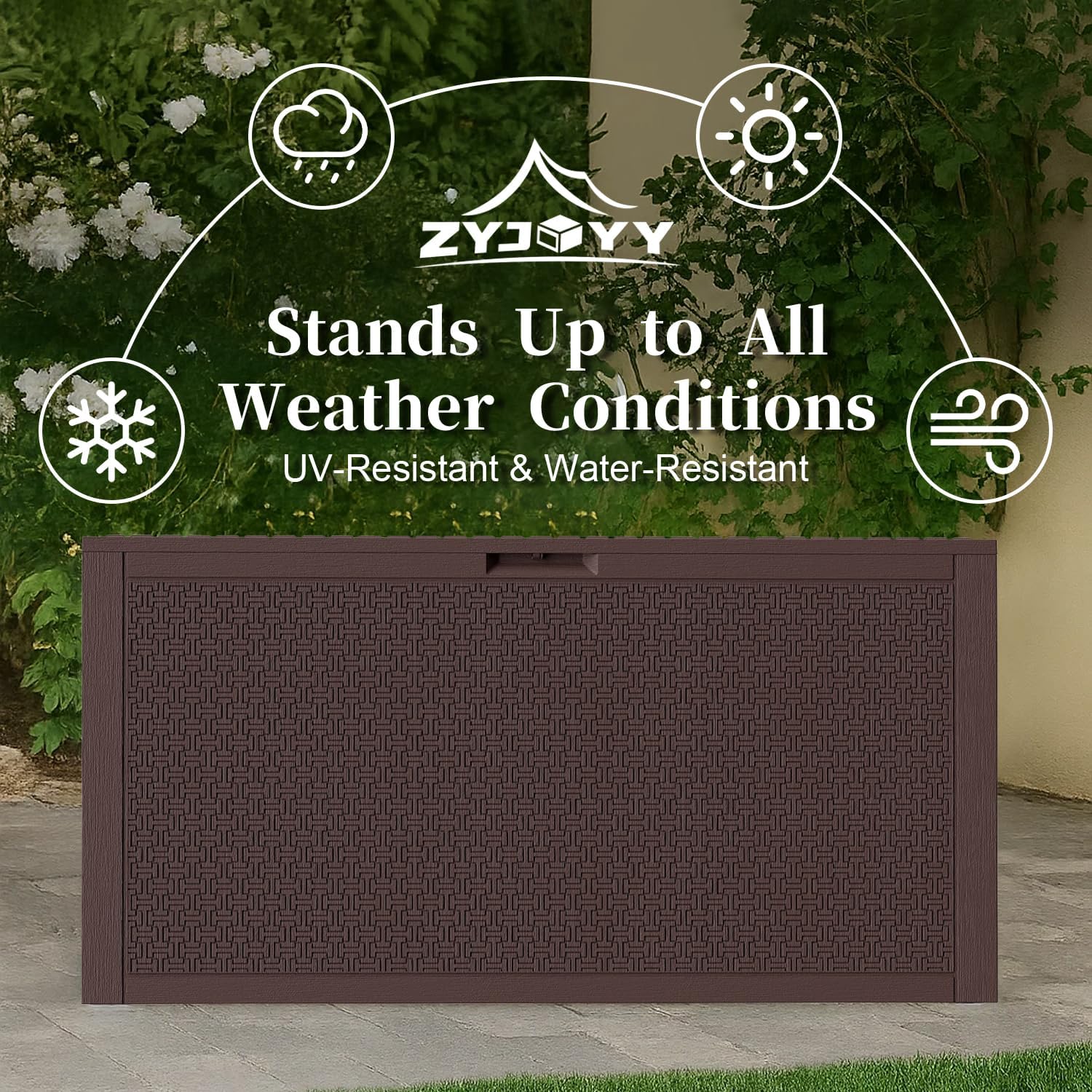 90 Gallon Resin Deck Box, Weatherproof Outdoor Storage Box for Patio, Garden, Pool, and Yard, Lockable Waterproof Bin for Tools, Cushions, and Accessories, Brown