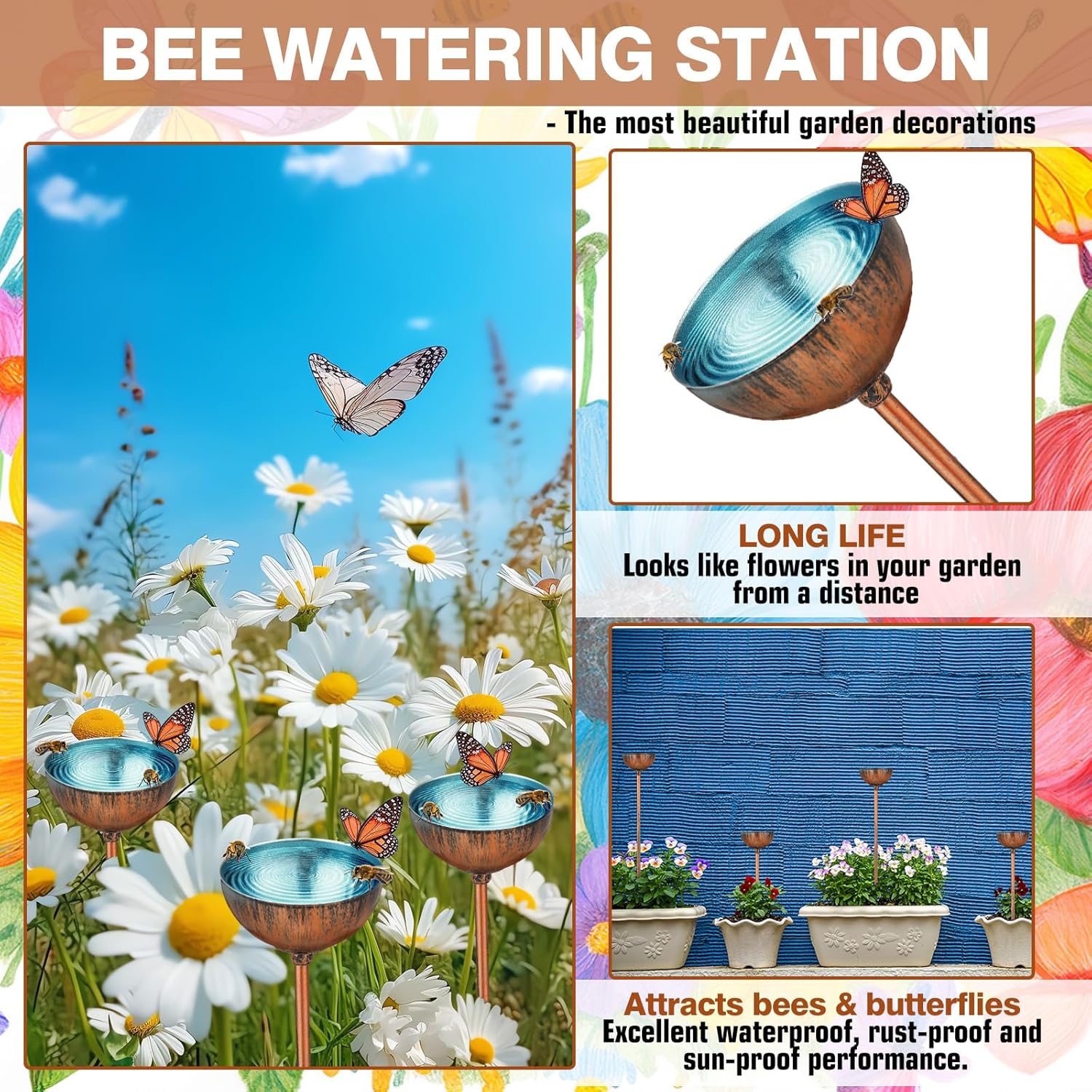 9 Pcs Bee Watering Station for Garden Bee Metal Watering Cups Butterfly Water Feeder Small Insects Bath Bowl Cups Metal Stakes for Outdoor Garden Decor, Blue