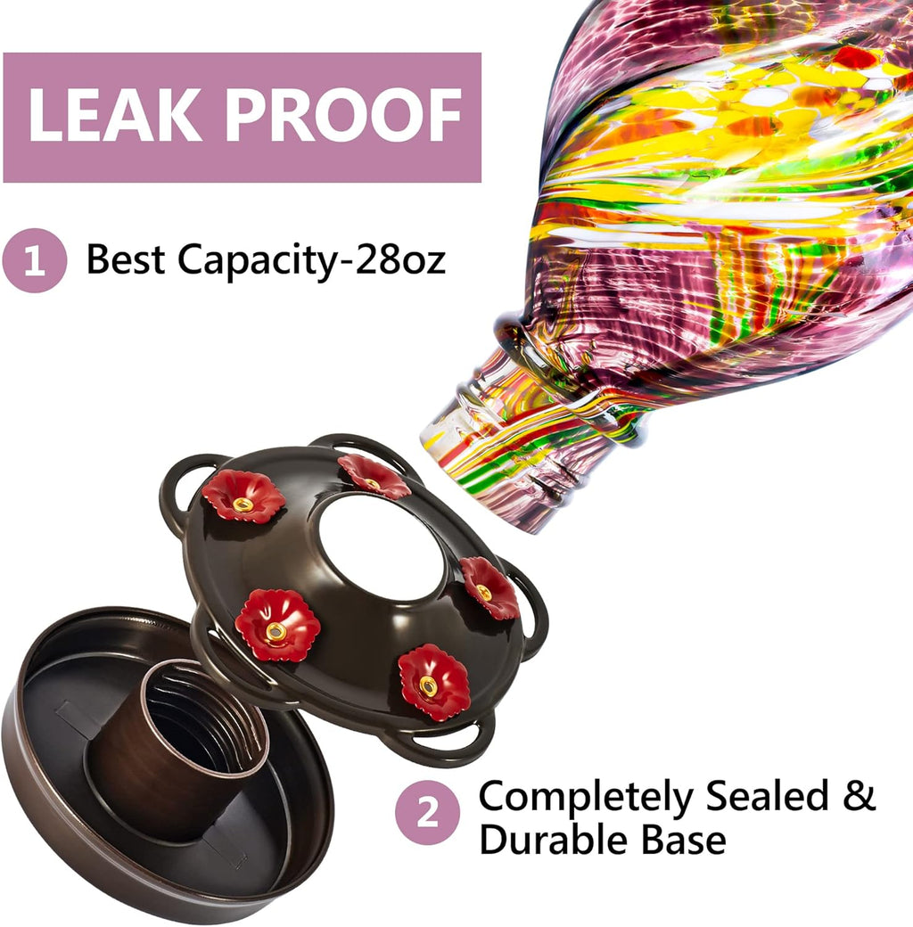 LUJII Ice Cream Shaped Spiral Hummingbird Feeder for Outdoors Hanging, Hand Blown Glass, 28 fl.oz, Leak Proof & Rustproof, Includes an Ant Moat with Hook, Unique & Stylish Glass Art & Decor (Purple)