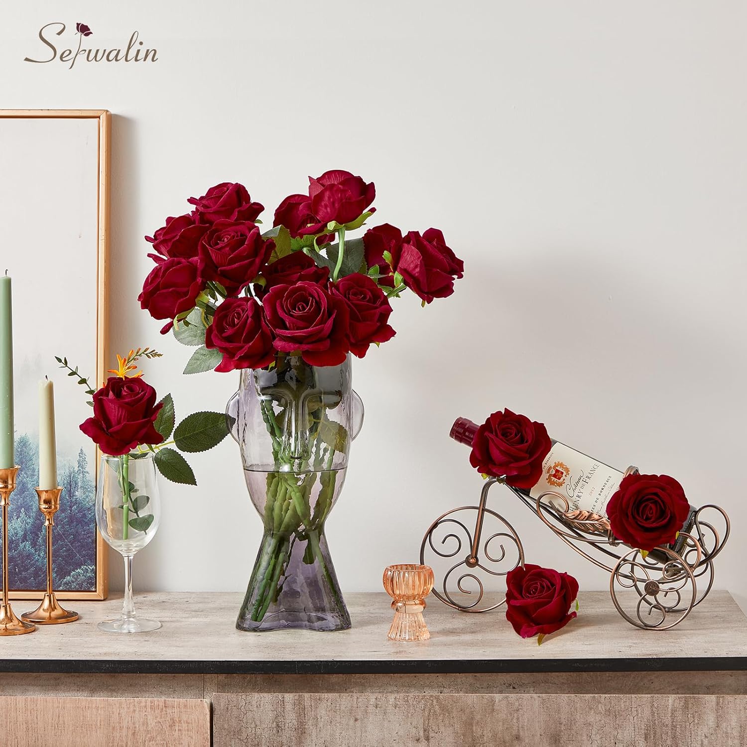 Serwalin 20pcs Red Roses Artificial Flowers, 4'' Big Velvet Flower Head Fake Roses, Realistic Silk Roses Bouquet Long Stems for Wedding Home Decor and Table Centerpiece