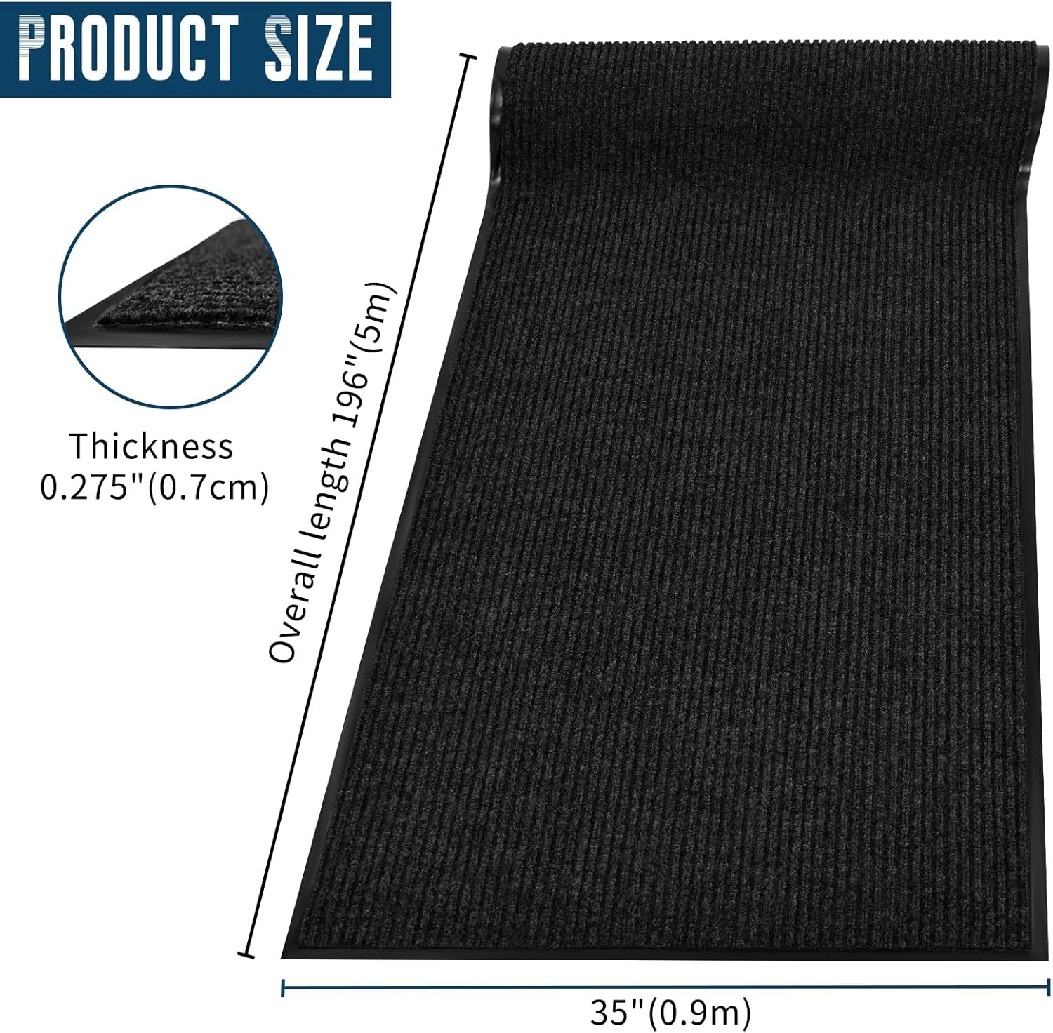 Rubber Door Mat About W3' ×L16' Heavy Duty Large Outdoor Indoor Mat Durable Entrance Doormat Waterproof Rubber Back Rugs for Home Entryway Patio Porch Office Business Areas (Black)