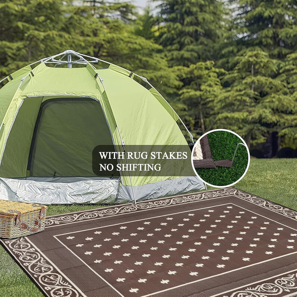 Pauwer Waterproof Outdoor Rug 10x14, Reversible Plastic Straw Patio Camping Rug, Indoor Outdoor RV Mat Carpet for Deck, Camper, Porch, Balcony, Backyard, Picnic, Bordered Brown