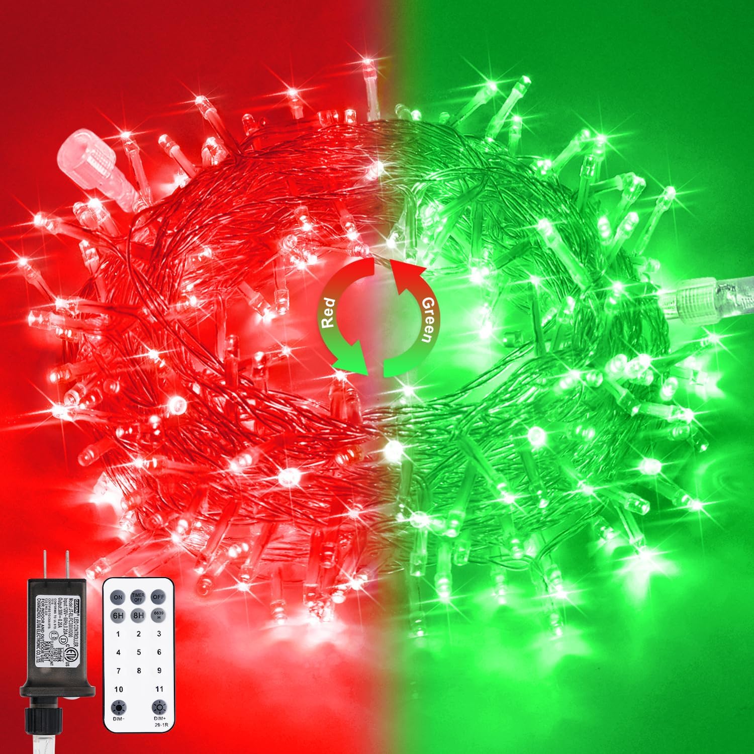 JMEXSUSS 100 LED Red & Green Christmas Lights Plug in, Christmas String Lights Indoor, 33ft Connectable Color Changing Christmas Lights Outdoor for Christmas Party Decor
