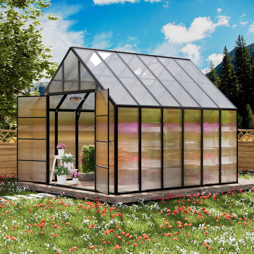 10x10x12 FT Heavy-Duty Greenhouse 2.0 with Polycarbonate Panels, Swing Door, Hinged Roof Vent, and Rain Gutters for Outdoor Use, Aluminum Black