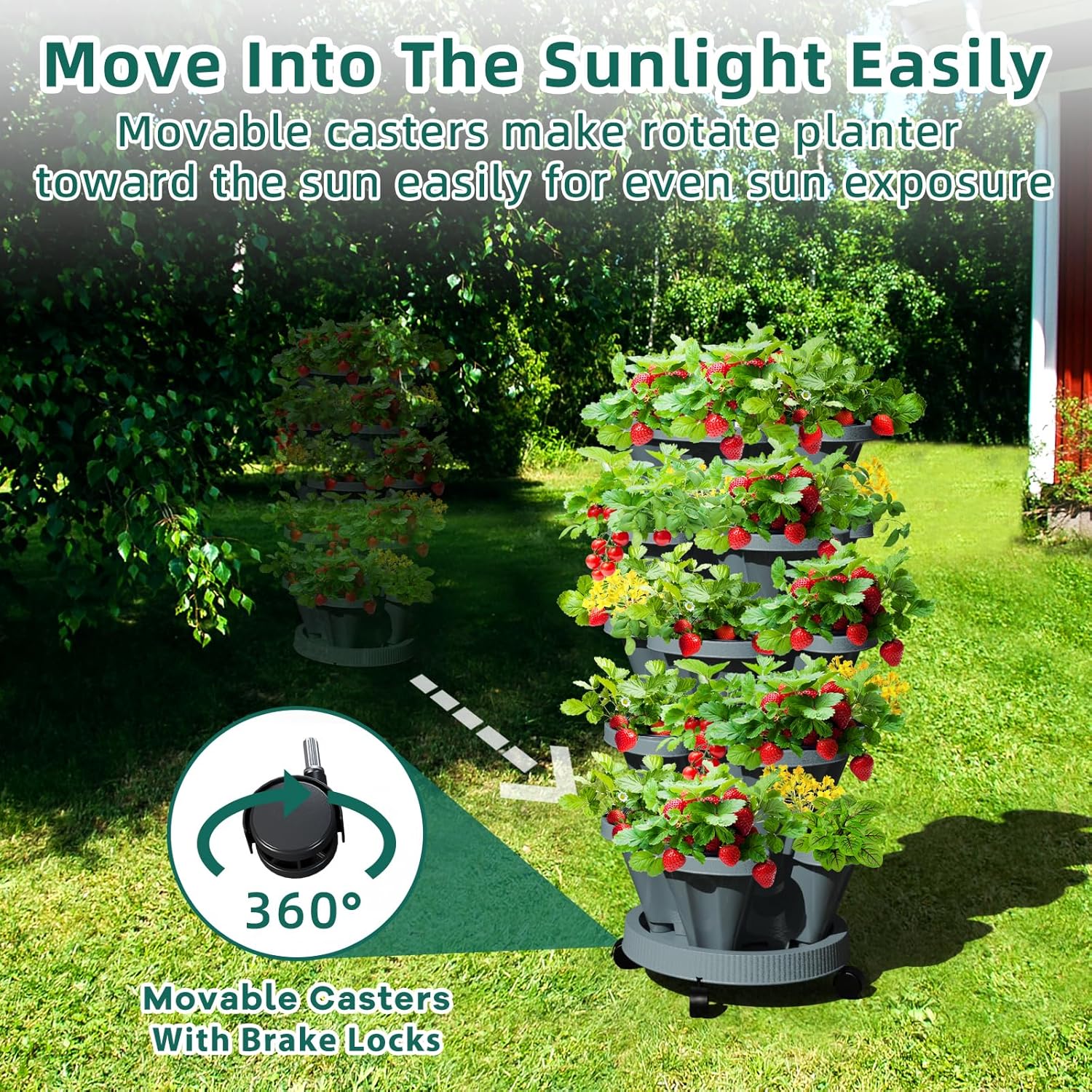 Strawberry Vertical Planters Tower Garden 2 Pack, 5 Tier Stacking Planter with Support Pole, Stackable Herb Planters Indoor Outdoor Dark Grey