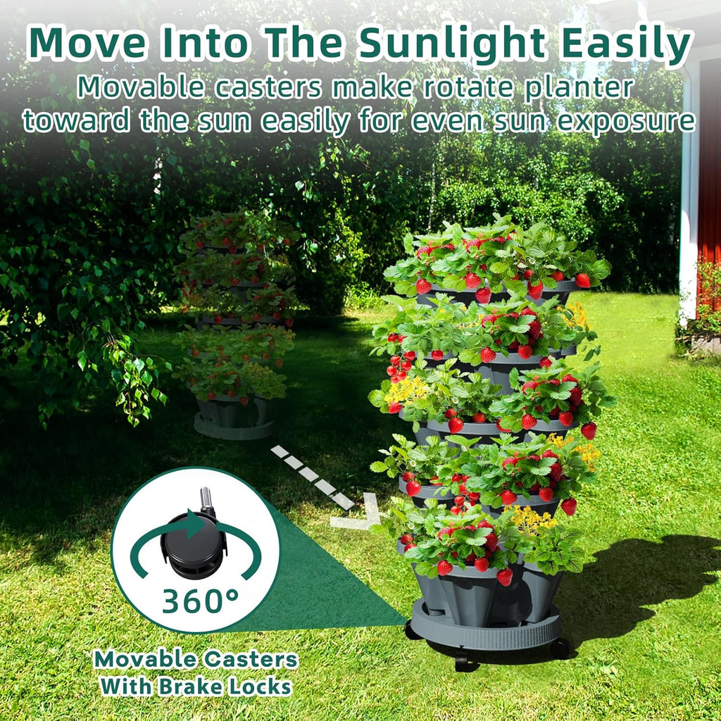 7 Tiered Strawberry Vertical Planter 2 Pack, Stackable Tower Garden Planter Herb Garden Planter with Movable Casters and Bottom Saucer Indoor and Outdoor - Dark Grey