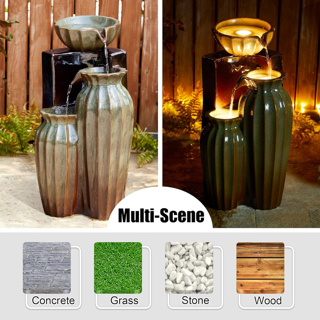 Glitzhome 26.75" H Ceramic Outdoor Water Fountain with LED Lights and Pump, Two Tone Olive Green and Brown Reactive Fluted Texture Cascading Waterfall Floor Standing Fountain for Porch Garden Patio