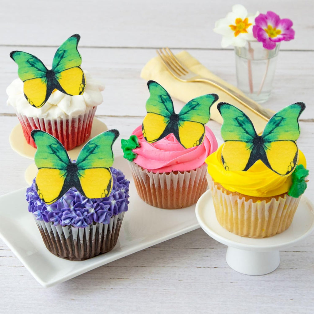 Ephlyn 48Pcs Edible 3D Cute Butterfly Cupcake Toppers for Baby Shower, Bridal Shower, Boys Girls Birthday Party Cake Decorations Supplies - Yellow, Green