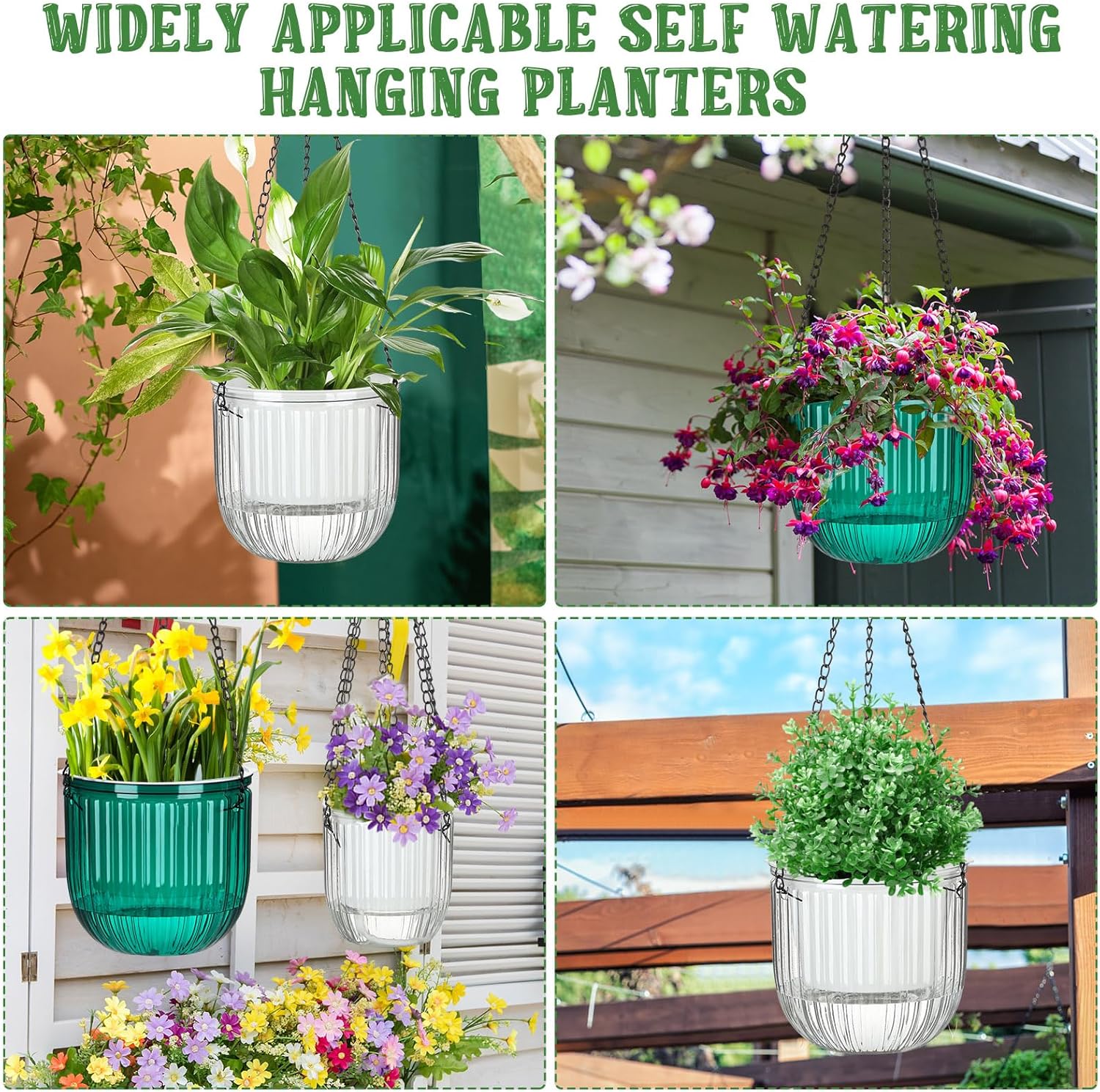 Maxcheck 4 Pcs Self Watering Hanging Planters Indoor Gift 6.5'' 4.5'' Hanging Flower Pots Baskets Outdoor Self Watering Plant with 3hooks Drainage Holes for Home(Emerald,Clear)