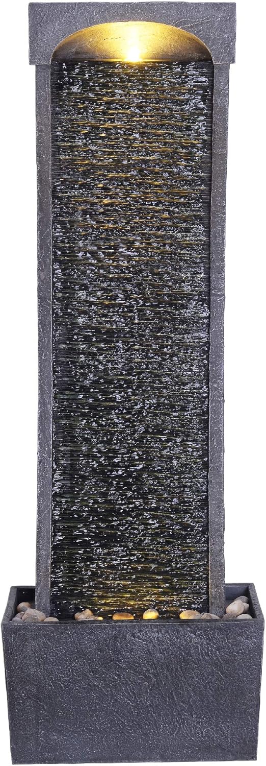 Teamson Home 38.58 in. Modern Curved Faux Slate Waterfall Fountain for Indoors or Outdoors with LED Light Accents and 1.98-Gallon Pump, Black and Stone Gray
