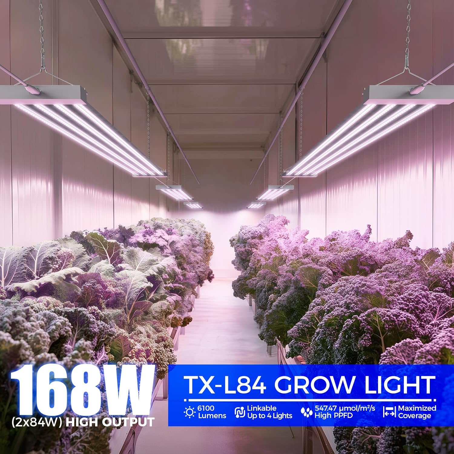 Barrina TX-L84 4FT Grow Light, 168W (2 x 84W), 4 LED Panels Wider Coverage, Full Spectrum, High PPFD, Linkable, Hanging Fixture, Plant Stand with Grow Light for Indoor, Seeding, Vegetable, 2 Packs