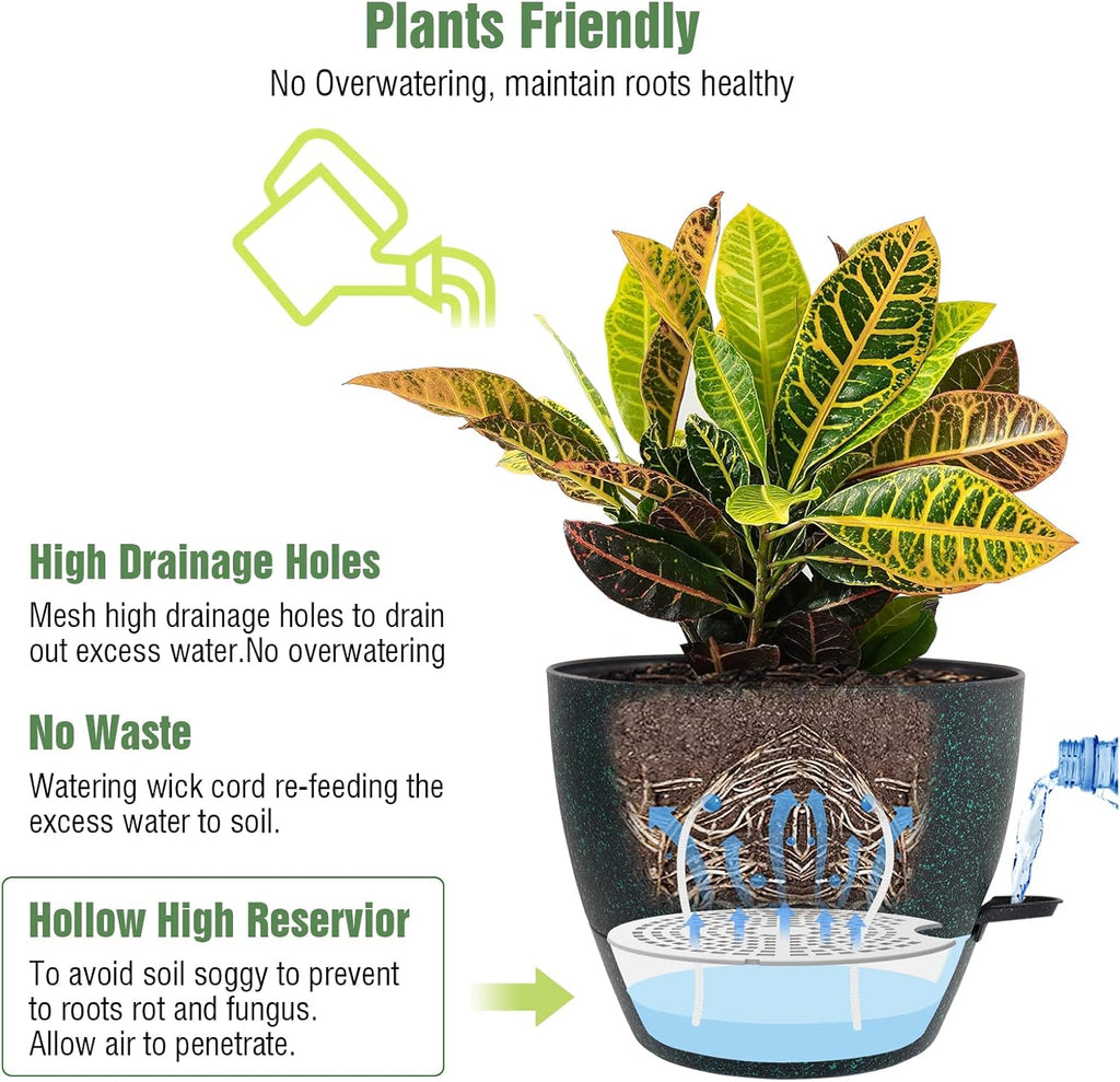 10/9/8 inch Self Watering Pots, Set of 3 Plastic Planters with Mesh Drainage Holes and Deep Reservoir for Indoor Outdoor Garden Plants and Flowers, Black with Green Speckles