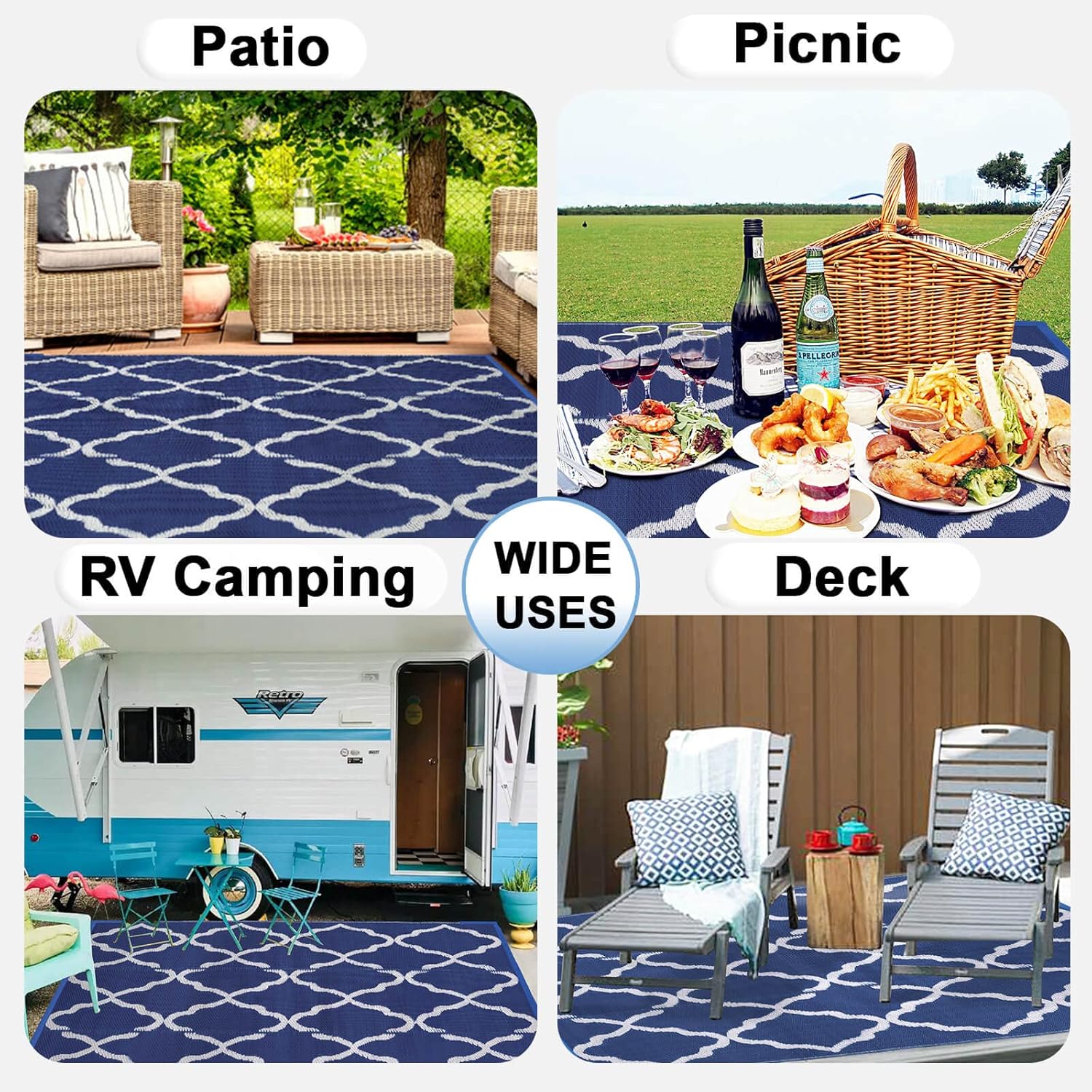 OutdoorLines Outdoor Plastic Area Rugs for Patio 5x8 ft - Reversible Outside Carpet, Stain & UV Resistant RV Mats, Straw Rug for Camping, Deck Garden, Porch and Balcony, Moroccan Navy & Light Grey