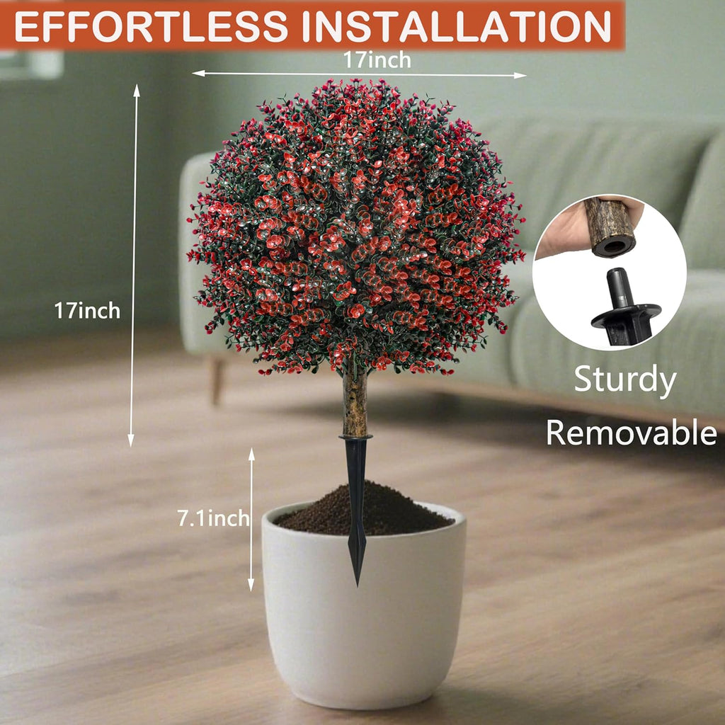 Fall Artificial Boxwood Topiary Ball Tree Bushes with Ground Spike, Set of 2 Outdoor Faux Shrub Topiary Ball, 24" UV Resistant Fake Boxwood Plants for Potted Planter,Indoor,Autumn