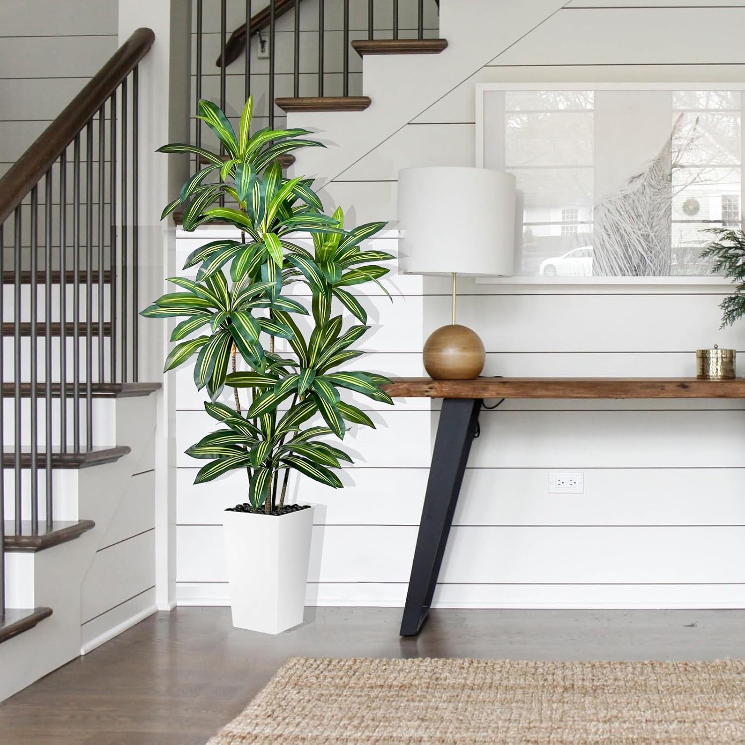 Artificial Dracaena Tree 5FT Tall Fake Plant with White Pot - Realistic Faux Dragon Tree with Tall Planter - Indoor Floor Plant for Home, Office,Mall, Living Room, Bedroom Decor (White - Planter, 5ft)