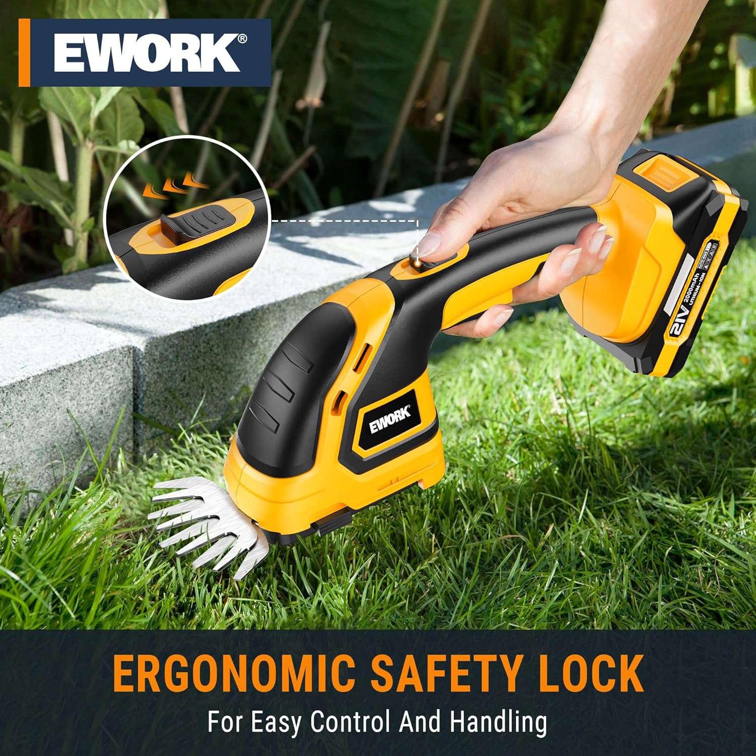 EWORK 21V Cordless Hedge Trimmer & Grass Shears 2-in-1 Handheld Small Electric Bush Trimmer with 2x2.0Ah Battery and Charger, Battery Powered Shrub Trimmer for Garden, Yard, Lawn Maintenance