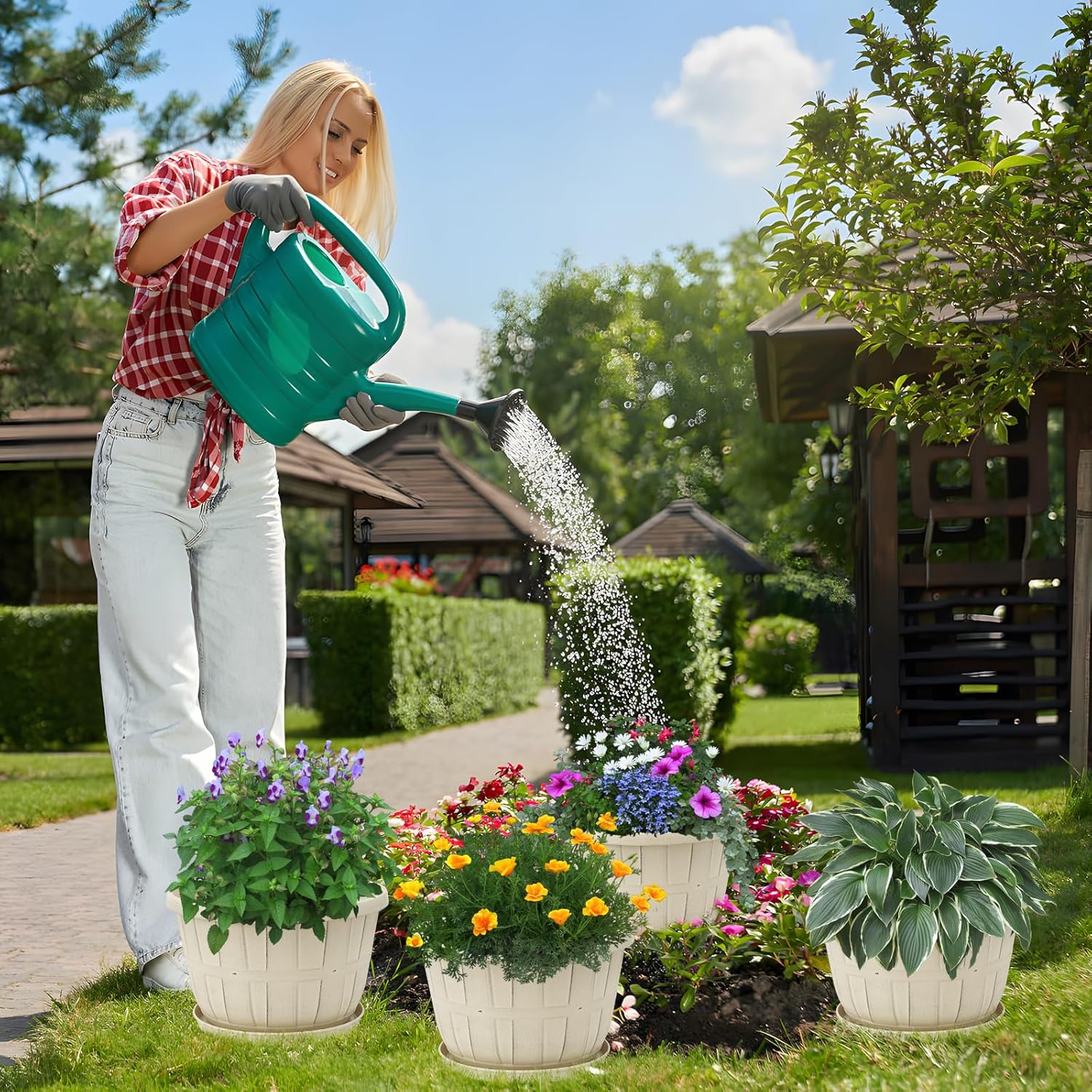 Quarut 12 Inch Large Planter Pot for Plants Indoor Outdoor, 4 Pack Plastic Flower Pots with Drainage Hole & Tray, Modern Decorative Garden Pot with Saucer, Plant Container for House（White）