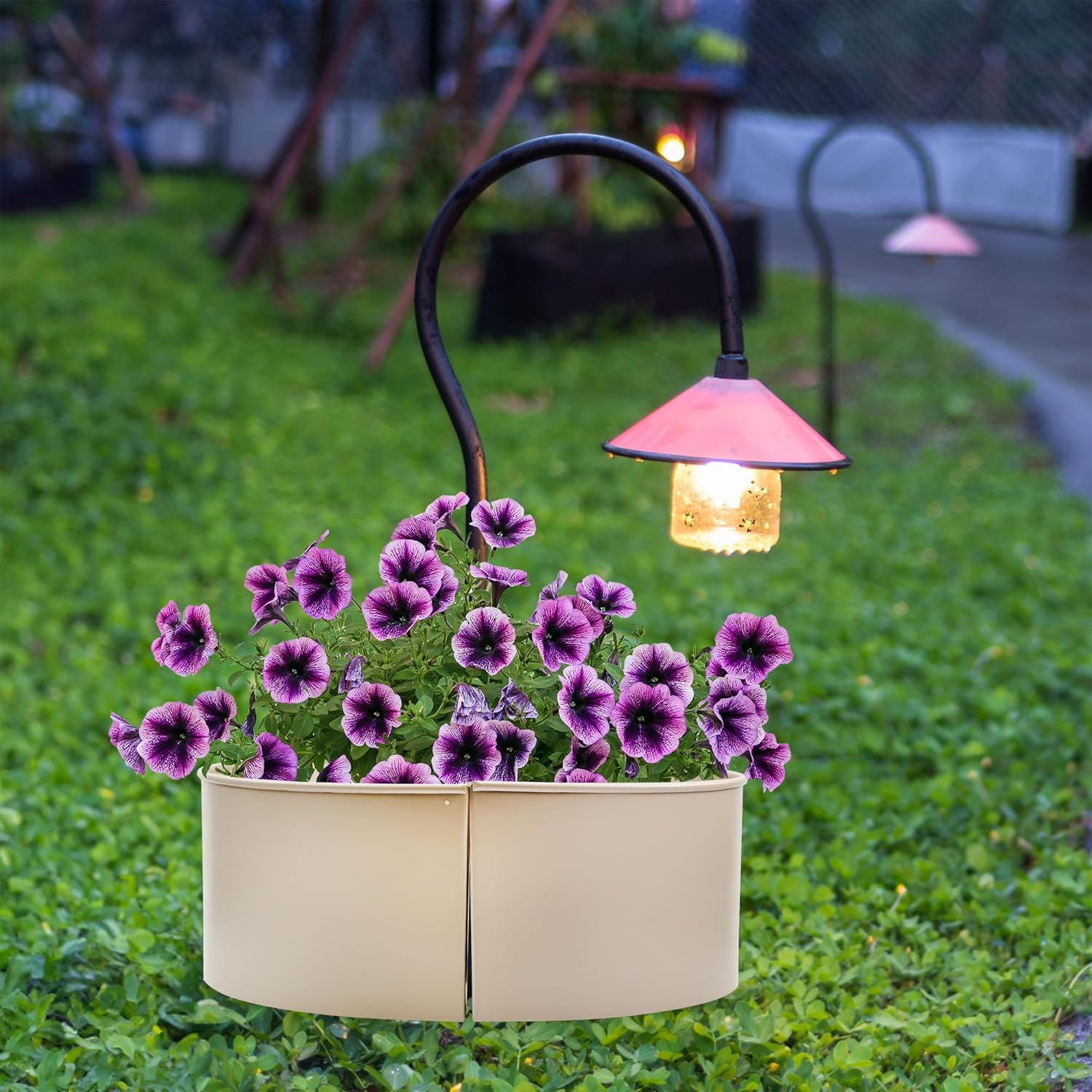 AuldHome Design Umbrella Planter for Patio Table (Beige/Greige), w/Umbrella Hole, Enamelware Half-Circle Planter Pots