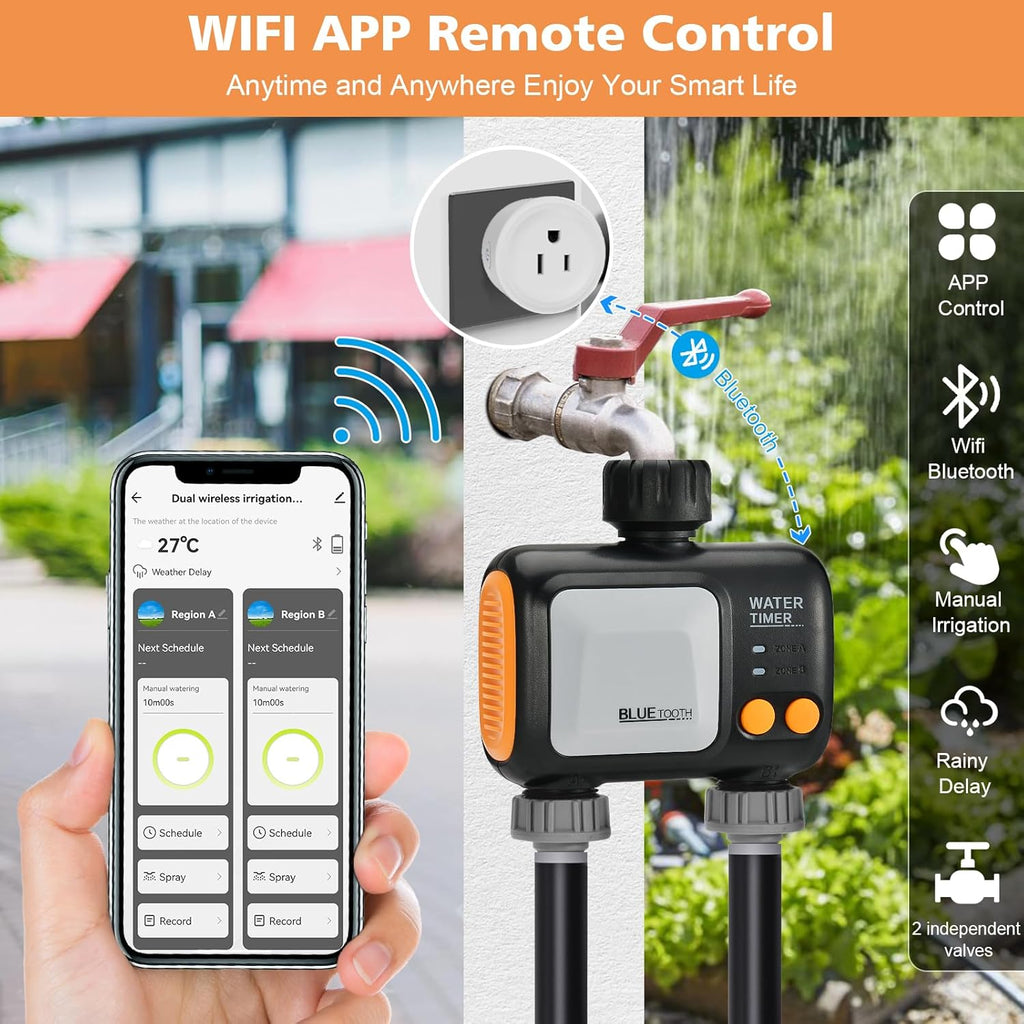 Smart WiFi Water Timer for Garden Hose - 2 Zone Sprinkler Timer with WiFi Hub - Hose Timers for Watering with Rain Delay - Irrigation Sprinkler Controller for Garden Lawns - Works with Alexa