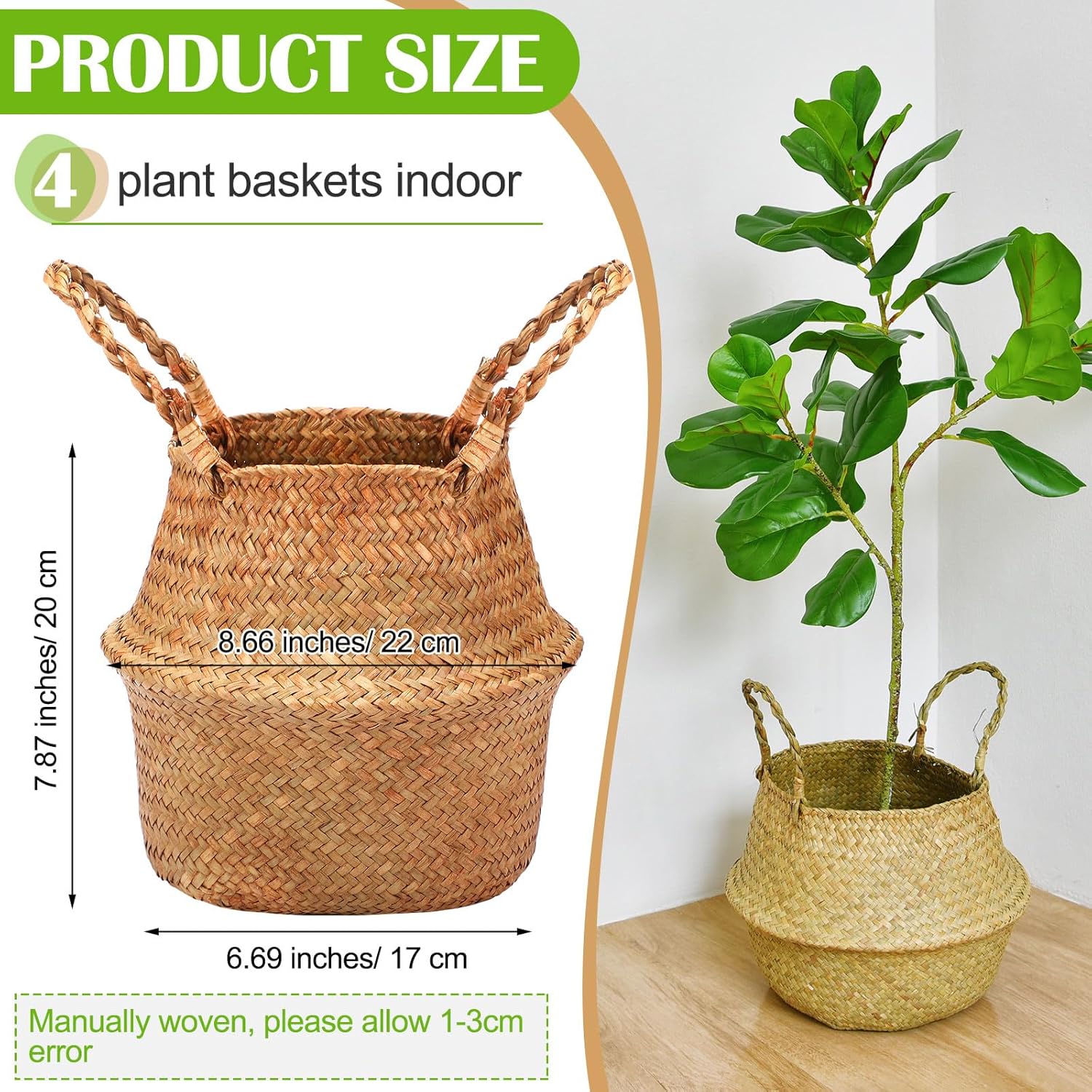 Qunclay Woven Seagrass Baskets Belly Basket Folding Boho Natural Plant Pot with Handles Round Decorative Wicker Large Indoor Planter for Home Outdoor Tree Planters Decor(8.66 x 7.87 Inch, 4 Pcs)