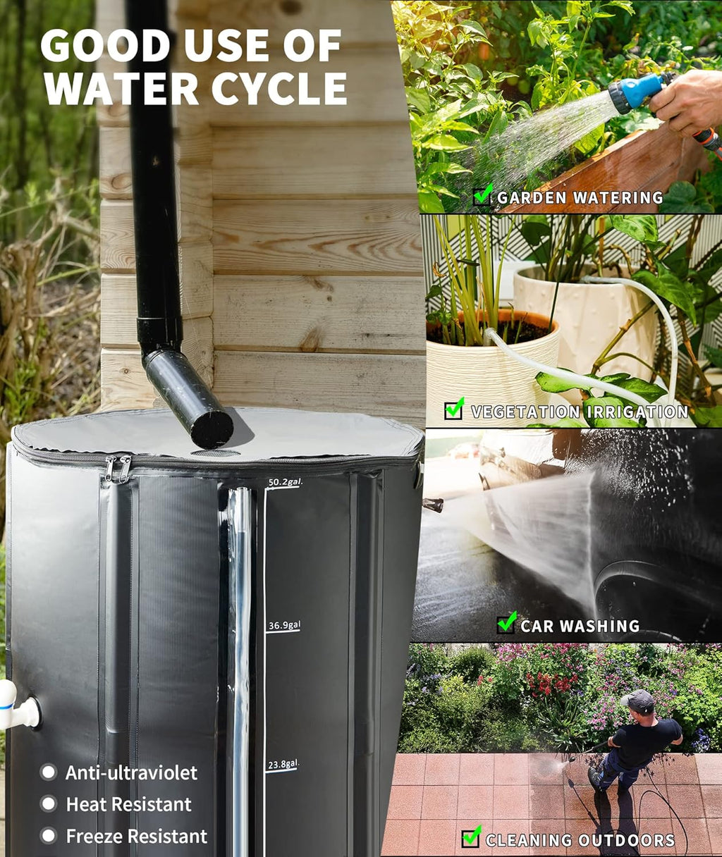 Collapsible Rain Barrel, Portable Water Storage Tank, Rainwater Collection System Downspout with tick Marks Portable Water Storage Tank (Black, 100 gal)