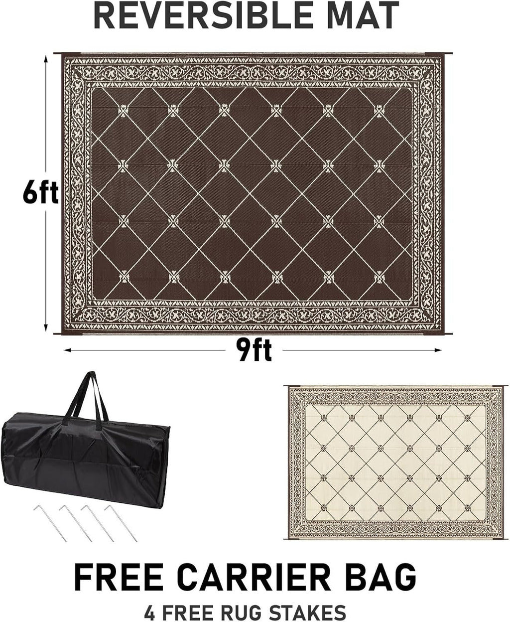 HiiARug Outdoor Patio Rugs 6x9Ft Outside Rugs Patio Waterproof Plastic Straw RV Camping Rug Reversible Mats Large Floor Mat and Rug for Patio, Backyard, Deck, Picnic, Beach, Trailer (Brown)