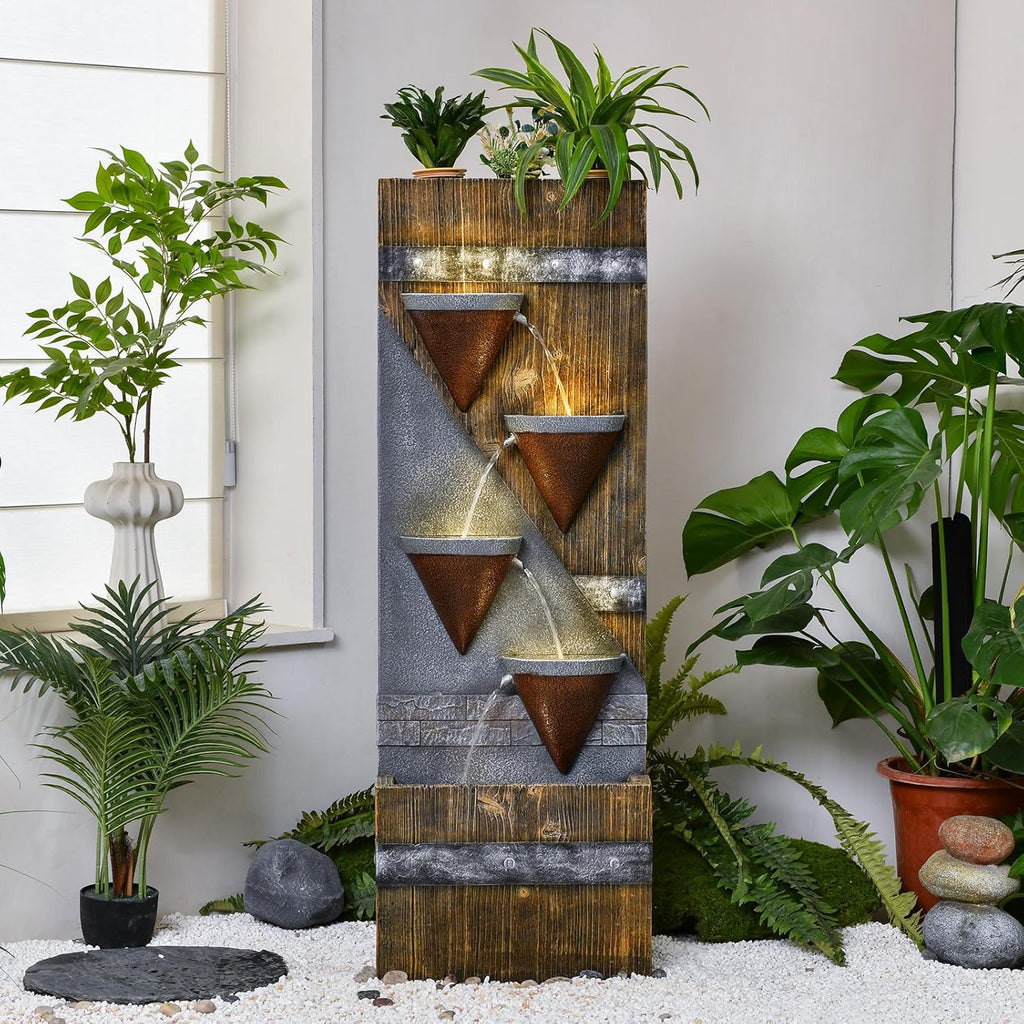 49.21" Outdoor Garden Water Fountain with Lights Floor-Standing 4 Tiers Cascading Large Waterfall Fountain for Patio, Backyard, Deck, Porch and Home Art Decor