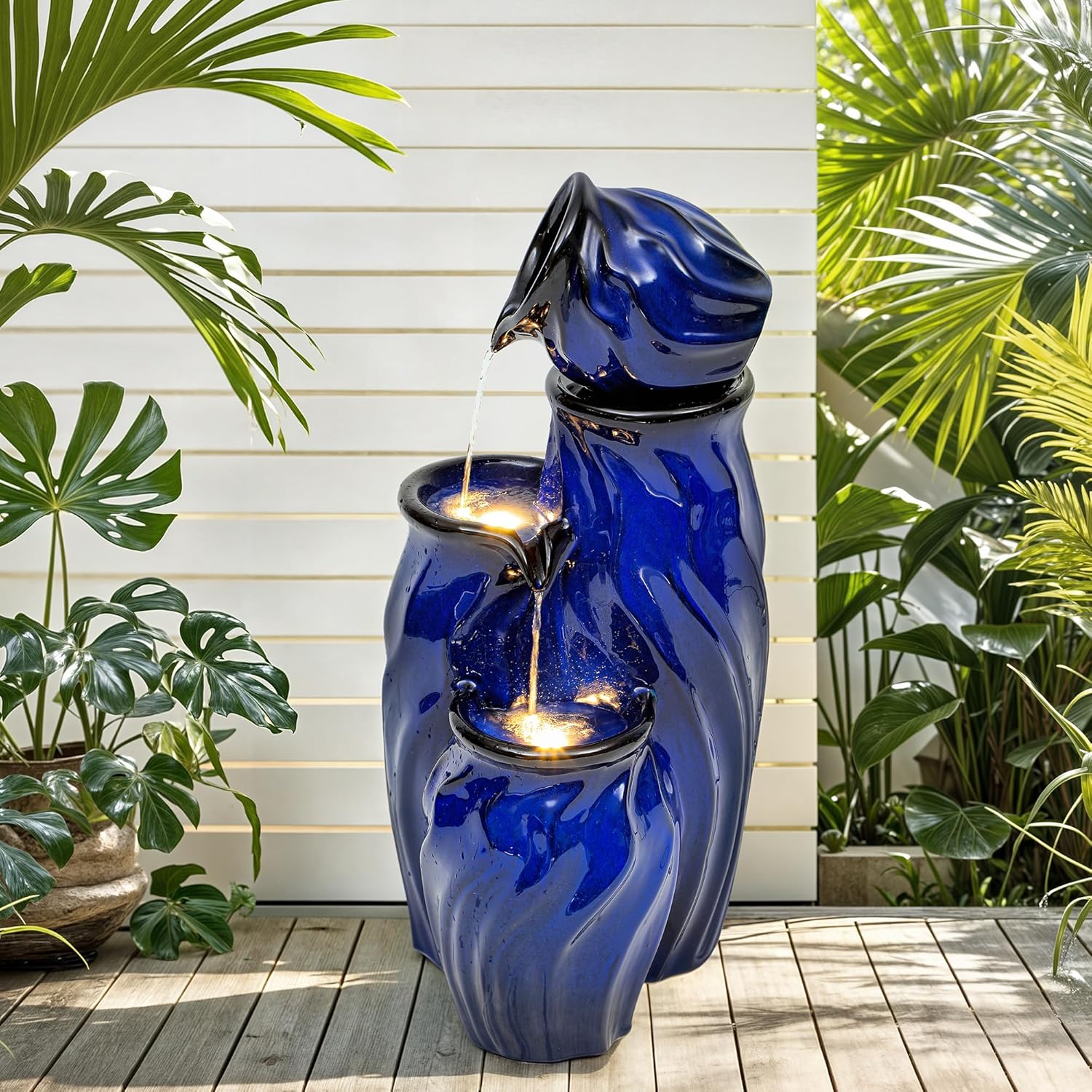 29" Tall Ceramic Water Fountain Outdoor with LED Lights, 4-Tier Cascading Waterfall Garden Fountain, Ideal for Serene Relaxing Patio, Yard or Porch, Cobalt Blue Glaze, Dynamic Wave-Texture