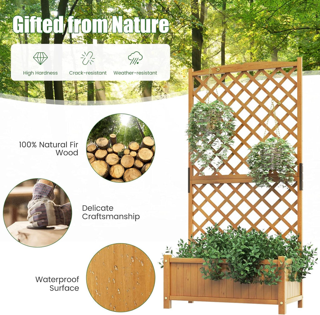 HAPPYGRILL Raised Garden Bed with Trellis, 71" Planter Raised Bed with Drainage Holes, Freestanding Garden Planter for Vine Climbing Plants, Wooden Planter Box for Yard Balcony(1, Yellow)