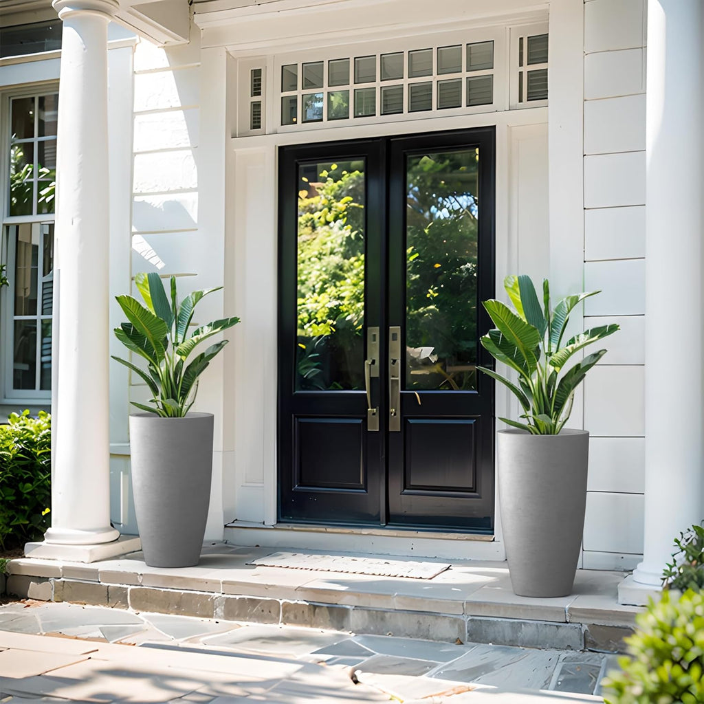 Kante 23.6" H Natural Concrete Tall Planters (Set of 2), Large Outdoor Indoor Decorative Plant Pots with Drainage Hole and Rubber Plug, Modern Style for Home and Garden