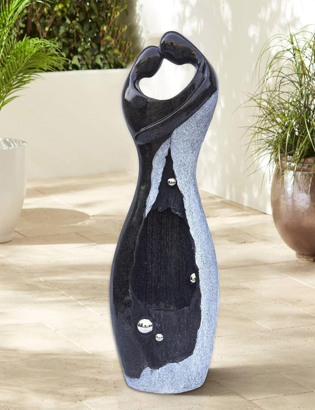 Modern Waterfall Fountains Graceful Hugging Couple Gurgling Water Features Outdoor Indoor Garden Faux Stone Zen Fountain in Marble Color for Courtyard, Patio, Lawn, Lobby 47" Height