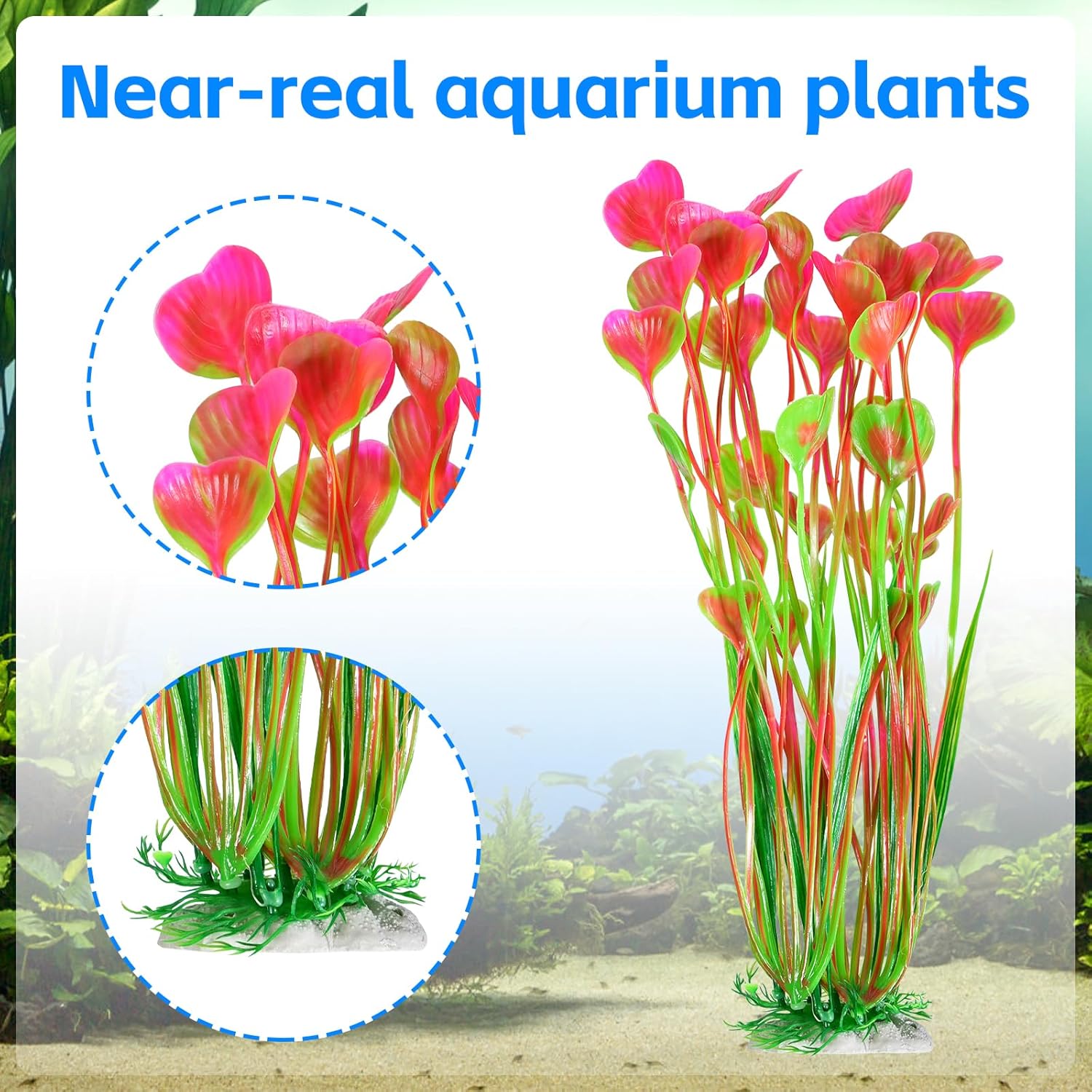 AQUANEAT Artificial Fish Tank Plants, Plastic Aquarium Accessories Large, 15.5 inch Pink Decorations, 2pcs