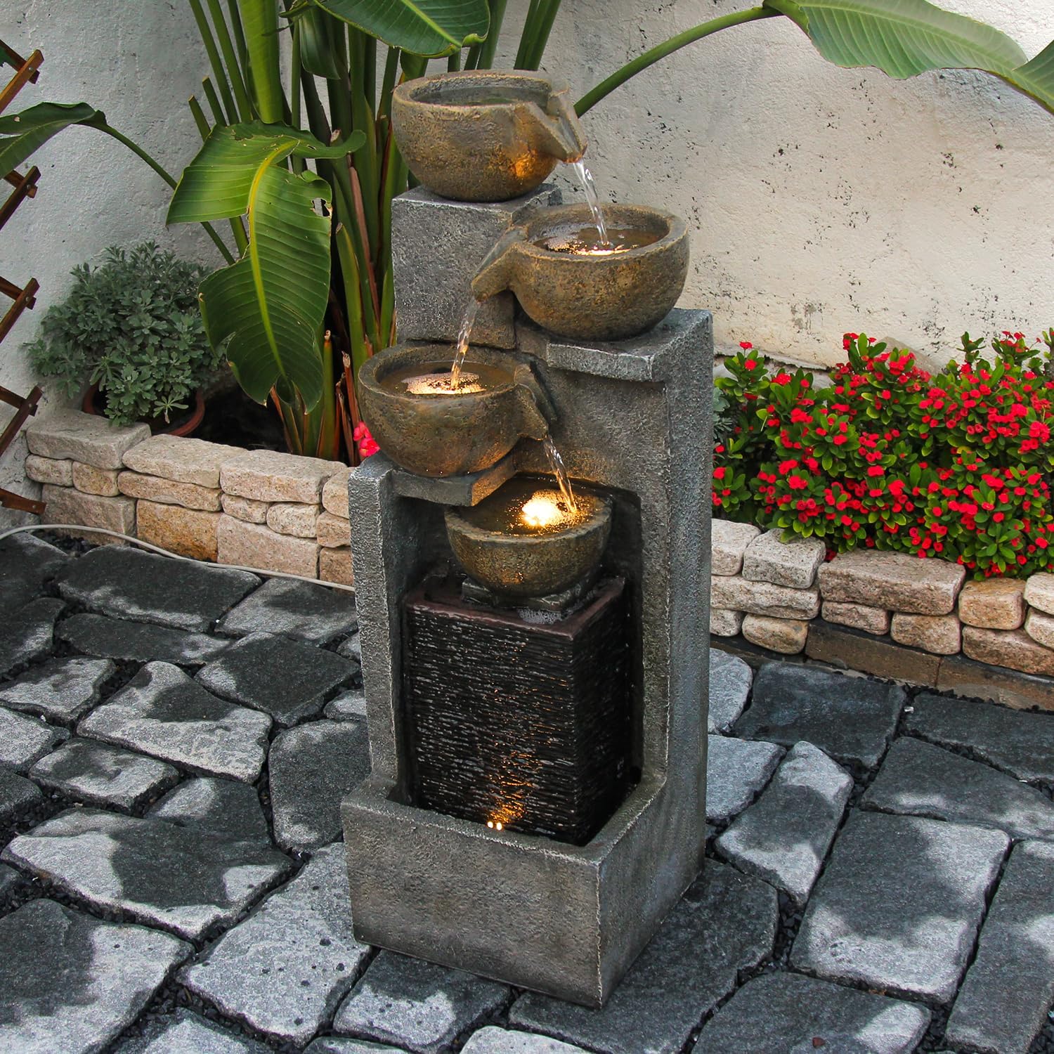 YZM 5-Tier Water Fountain Outdoor Garden Waterfall Fountains Indoor Bowl Cascading Water Feature with Led Lights for Home Deck Patio Porch Yard Decor 37.4" H