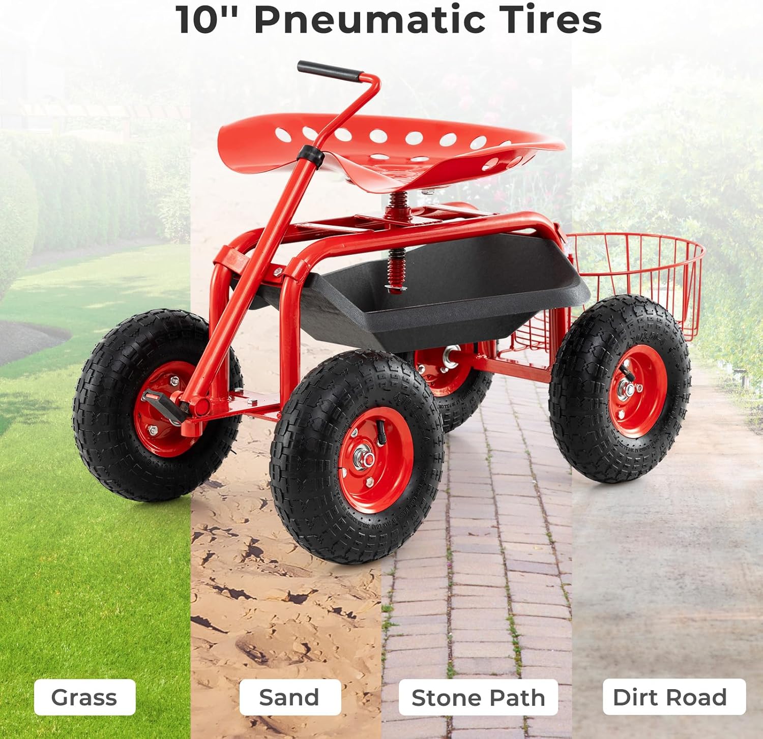 Rolling Garden Seat, Garden Stool with Wheels, Extendable Handle, Storage Basket & Tool Tray, Garden Scooter with 360 Degree Swivel Seat for Outdoor, Garden & Yard (Red)