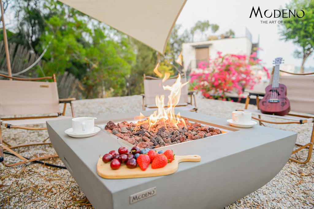 AMS Fireplace | Modeno Westport Package | Light Gray Liquid Propane Gas Fire Pit Table for Outside Patio Bundle with Tank Cover, Wind Guard, & SS Burner Lid | Free Ice Bucket & Rubber Mat