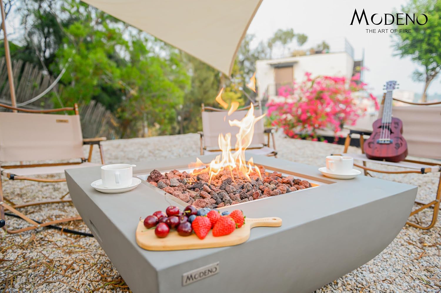 AMS Fireplace | Modeno Westport Package | Light Gray Natural Gas Fire Pit Table for Outside Patio Bundle with Wind Guard, and SS Burner Lid | Free Ice Bucket & Rubber Mat