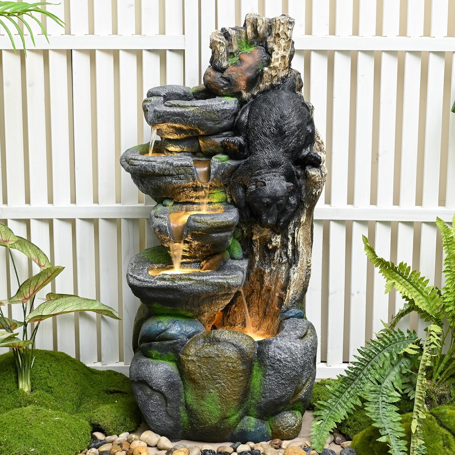 39" Outdoor Garden Water Fountain with Lights 5 Tiers Cascading Large Waterfall Floor Standing Fountain for Patio, Backyard, Deck, Porch and Home Art Decor