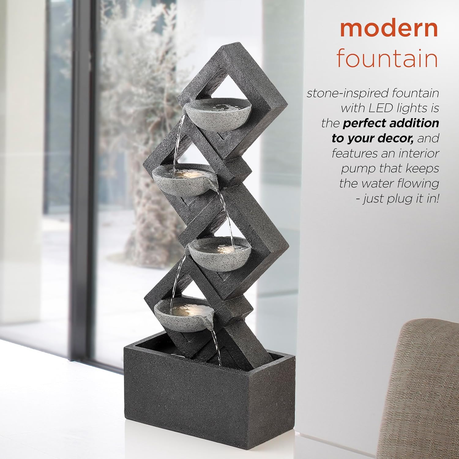 Alpine Corporation GIL1642 Outdoor Floor 4-Tiered Stone-Inspired Waterfall Fountain with LED Lights, 39", Gray